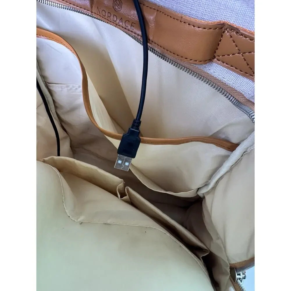 Nordace Siena Smart Backpack Beige Water Resistant Travel Laptop Bag USB 15.6”